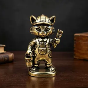 Vintage Brass Cat Figurine, Solid Creative Painted Cute Cat Desk Decor, Adorable Office Bookshelf Ornament, Unique Gift for Animal Lovers