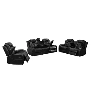 Luxury Black Breathing Leather 3-Piece Living Room Recliner Sofa Set