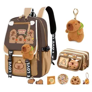 Capybara Backpack Set for School with Pencil Case and Keychain Cute Capybara School Bag Gift with Stickers for Girls Boys Teens Daily Use Travel Bookbag