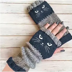 Warm Fingerless Knit Gloves for Women - Cat Embroidery Fashion Casual Gloves with Comfort & Dexterity