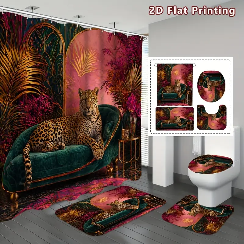 2D Flat, 2D Flat 4pcs Exotic Leopard Shower Curtain Set, Pink and Green Jungle - Inspired Bathroom Decor, Accessories with Bath Mat, U - Shaped Mat, Toilet Lid Cover, Shower Curtain Includes Hooks, Jungle Glam, Home Decor, Bathroom Accessories.,family,,