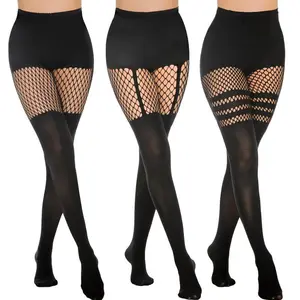 Limited Deal – 3 Pack Black Fishnet Pattern Tights, Stylish Cutout Design, Ultra Soft Faux Fishnet Thigh High Stockings for Women