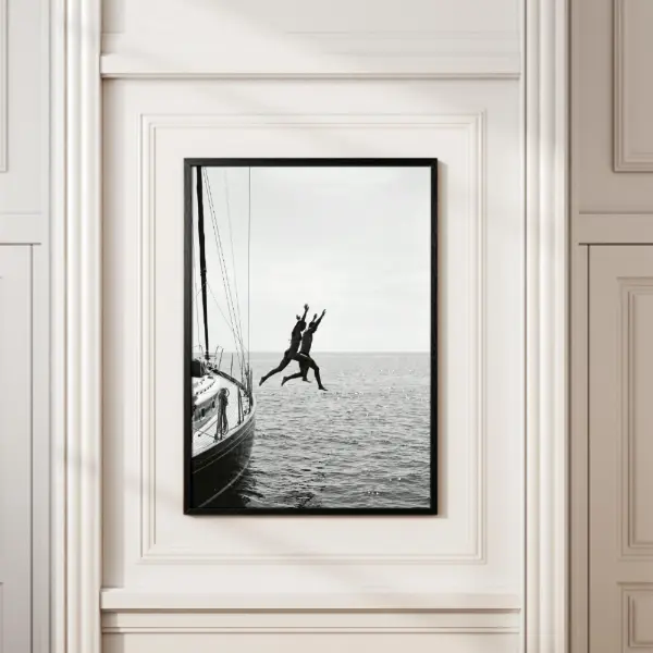 Black and White Sailing Adventure Poster Friends Jumping into Ocean Wall Art Coastal Photography Canvas Print for Bedroom Living Room Beach House Office Dorm Gift for Sea Lovers