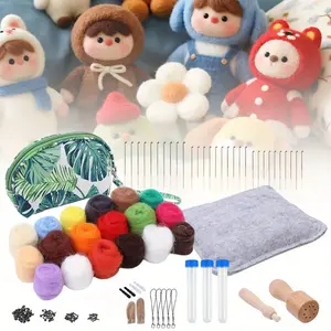 1 set of needle punched felt entry-level kit, with exquisite green storage bag, 18 color wool roving set, wool felt tool for animal needle punched felt products