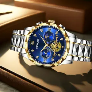 MERUOI Elegant Gold-Frame Men's Watch Blue Analog Dial Multi-Function Chronograph 3ATM Waterproof Durable Mineral Crystal for Daily Formal Wear