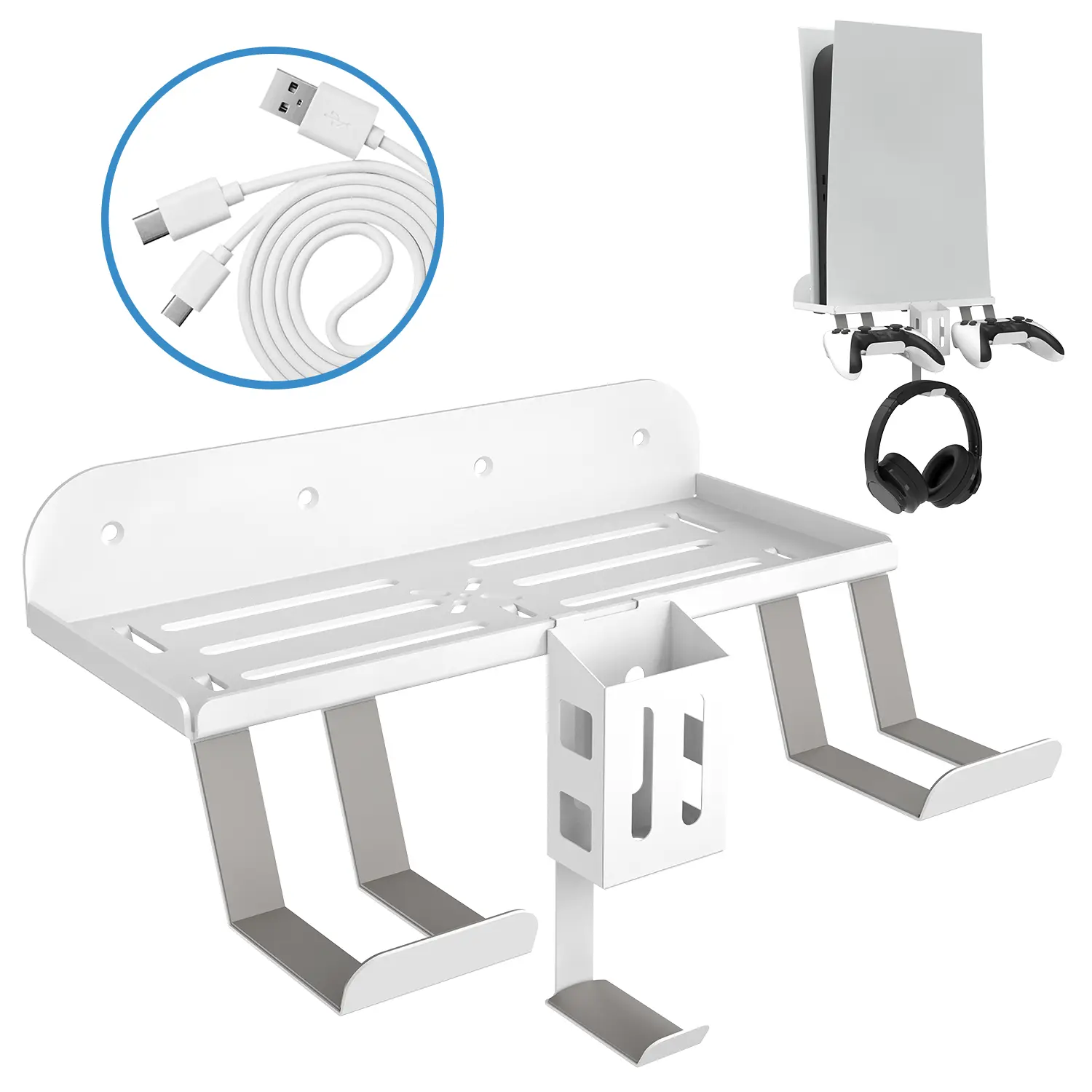 PS5 Wall Mount Kit with Charging, 6-in-1 PlayStation 5 (Disc & Digital) Metal Wall Stand with Data Charging Cable/Controller Hanging Bracket/Remote Box/Headset Hanger