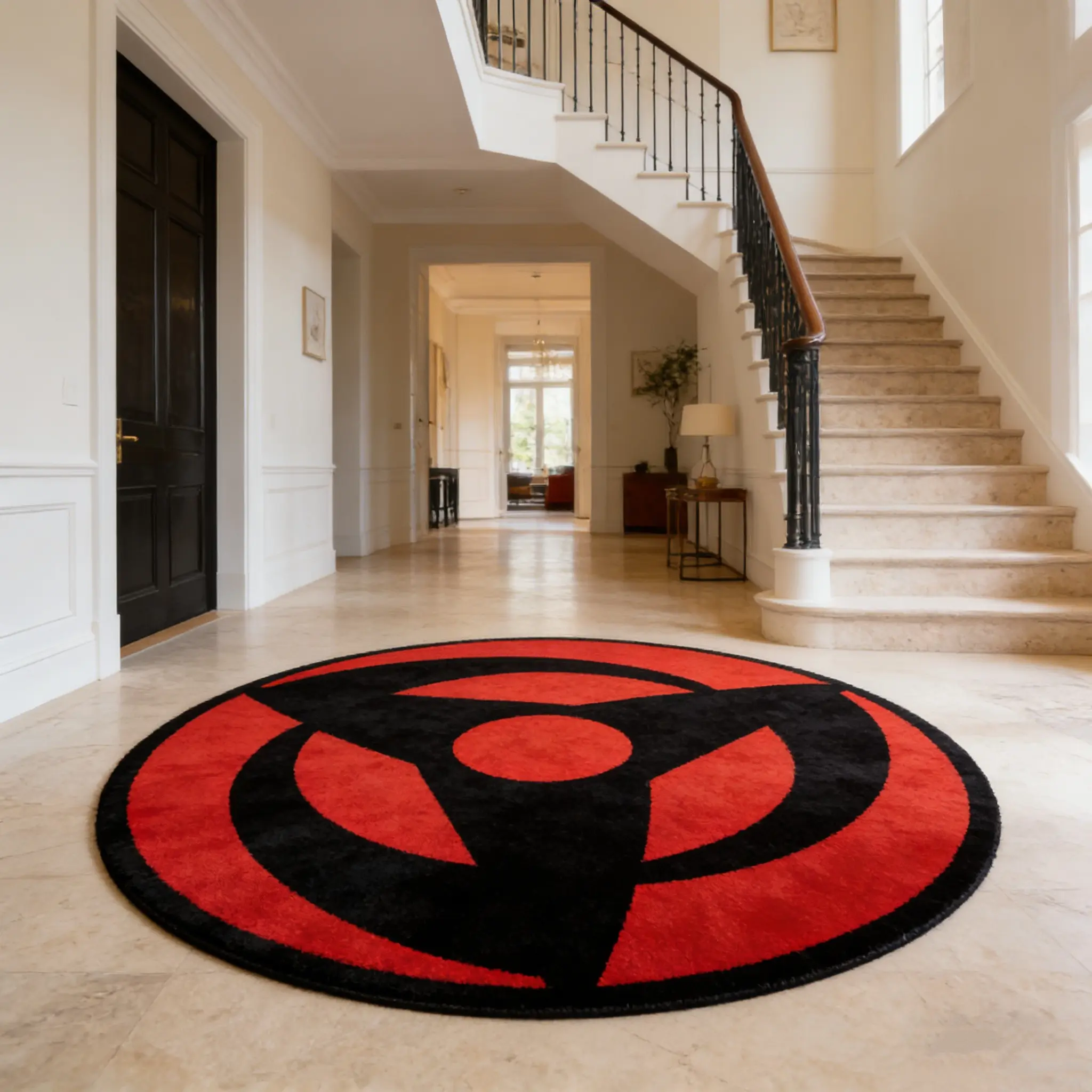 Kaleidoscope Wheel Eye Circular Carpet, Round Red and Black Contrast Flocking Floor Mat, Anti-Skid and Wear-Resistant Home Decor Rug for Porch and Living Room, Suitable for Ins Style & Anime Decoration, Abstract Indoor Rugs