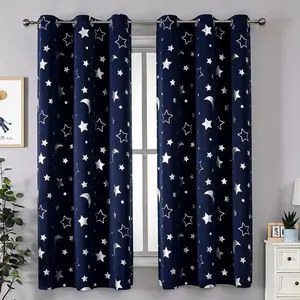1pc Star & Moon Pattern Blackout Curtain, Heat Insulation UV Protection, Ring Top Home Decor Drapes, Living Room Bedroom Universal Fit, Home Decoration Curtain