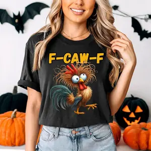 Women's Cotton Short-Sleeve T-Shirt - Casual, Comfortable Plain Clothes with Funny F-Caw-F Rooster Print, Crazy Hen Design, Screaming Rooster Graphic