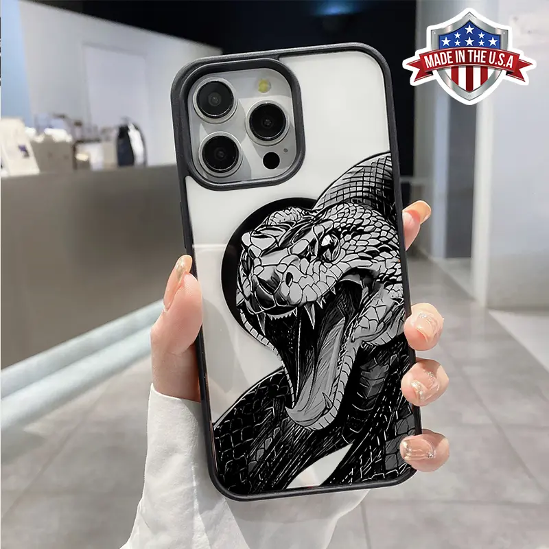 Magnetic Phone Case for iPhone 16 Pro Max 15 Plus 14 13 12 11 XR XS Vicious Python Pattern Non-Yellowing Shockproof Soft Silicone Transparent Acrylic Cover Supports Wireless Charging.