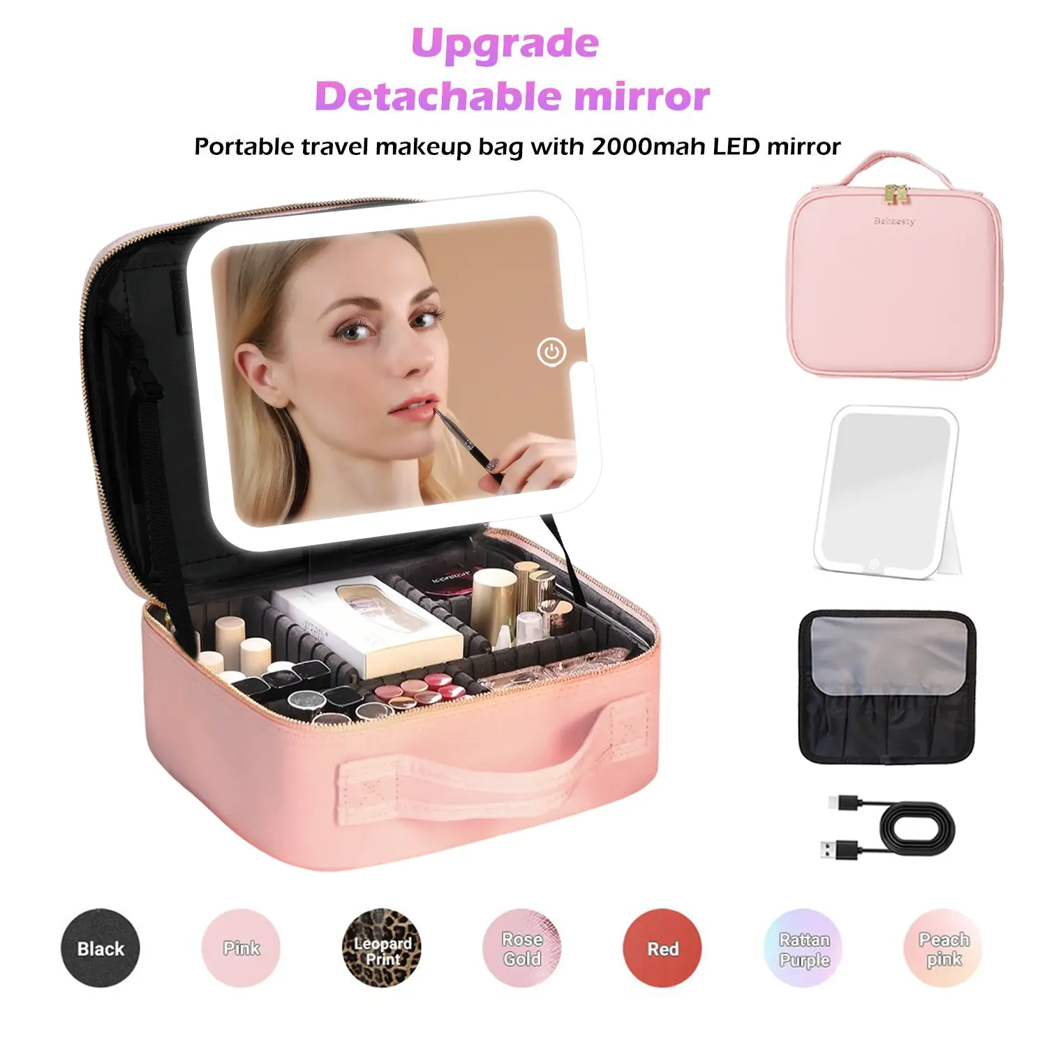 Behaesty Portable Makeup Bag with 3-Color LED Light Detachable Mirror 2000mAh USB Rechargeable Waterproof PU Leather Organizer Compact Travel Cosmetic Pouch Vanity Purse  Zip Summervibes