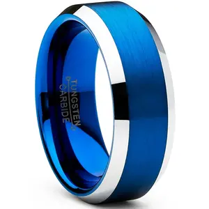 Tungsten Carbide Men's Brushed Wedding Band Blue Plated Engagement Ring Comfort-Fit