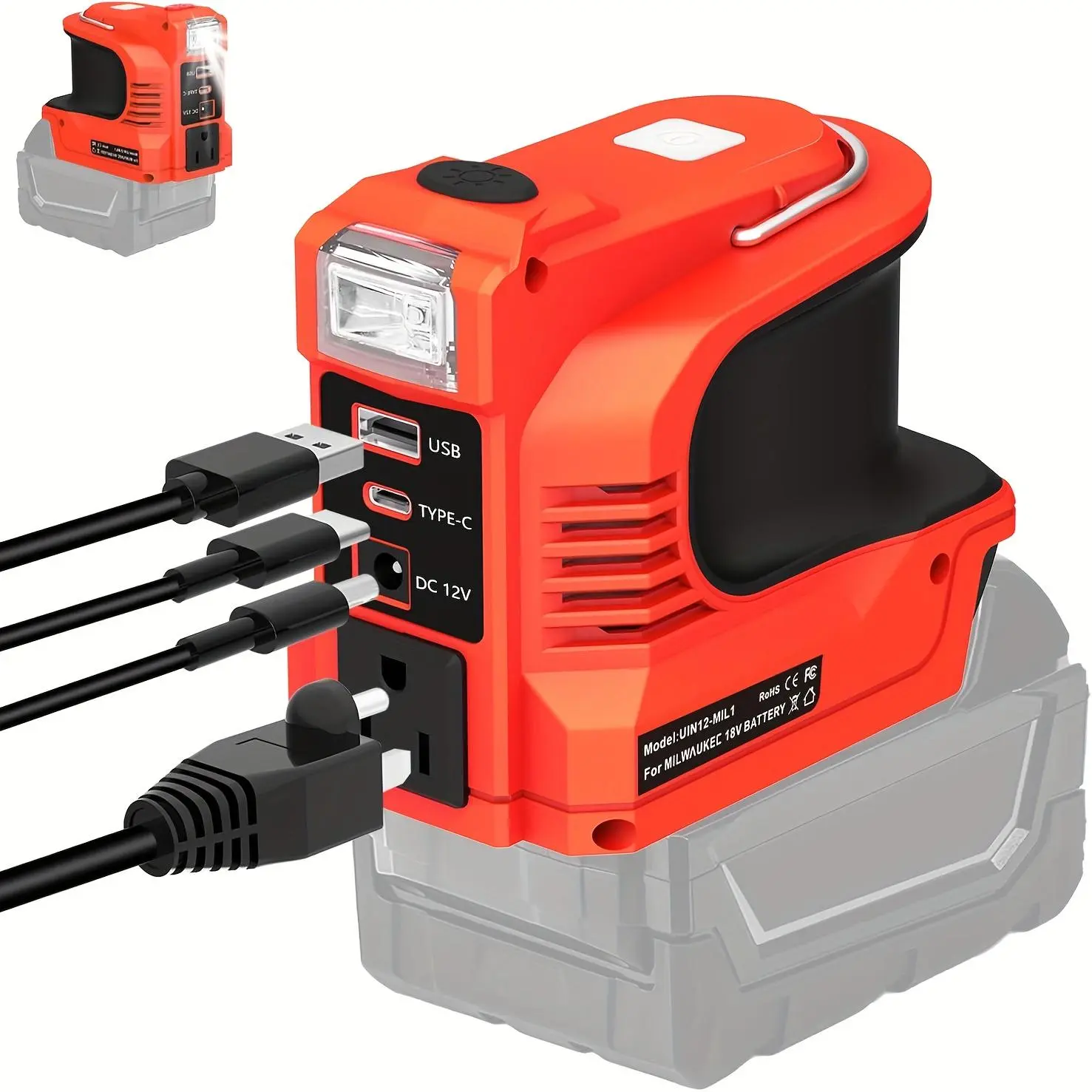 220W Max Portable Power Station for Milwaukee 18V Battery - DC 18V to 110V-120V Power Inverter with USB-B, USB-C, 12V DC, AC Outlets and LED Lighting