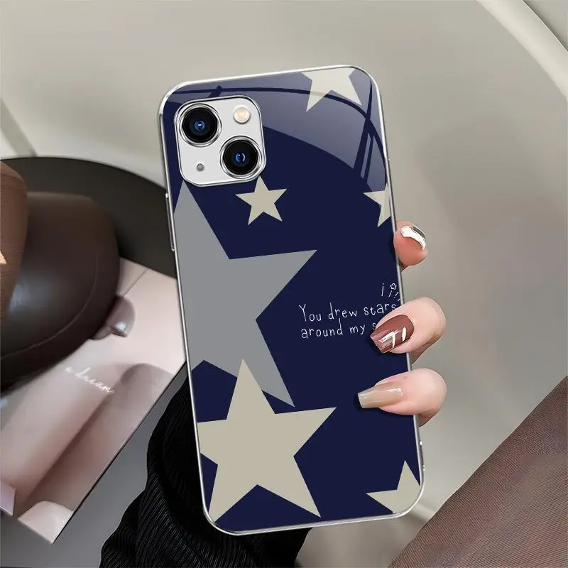 Light Luxury Fashion Navy Blue Star Glass Cover for iPhone 13, Phone Protection Casing, Mobile Phone Accessories--975