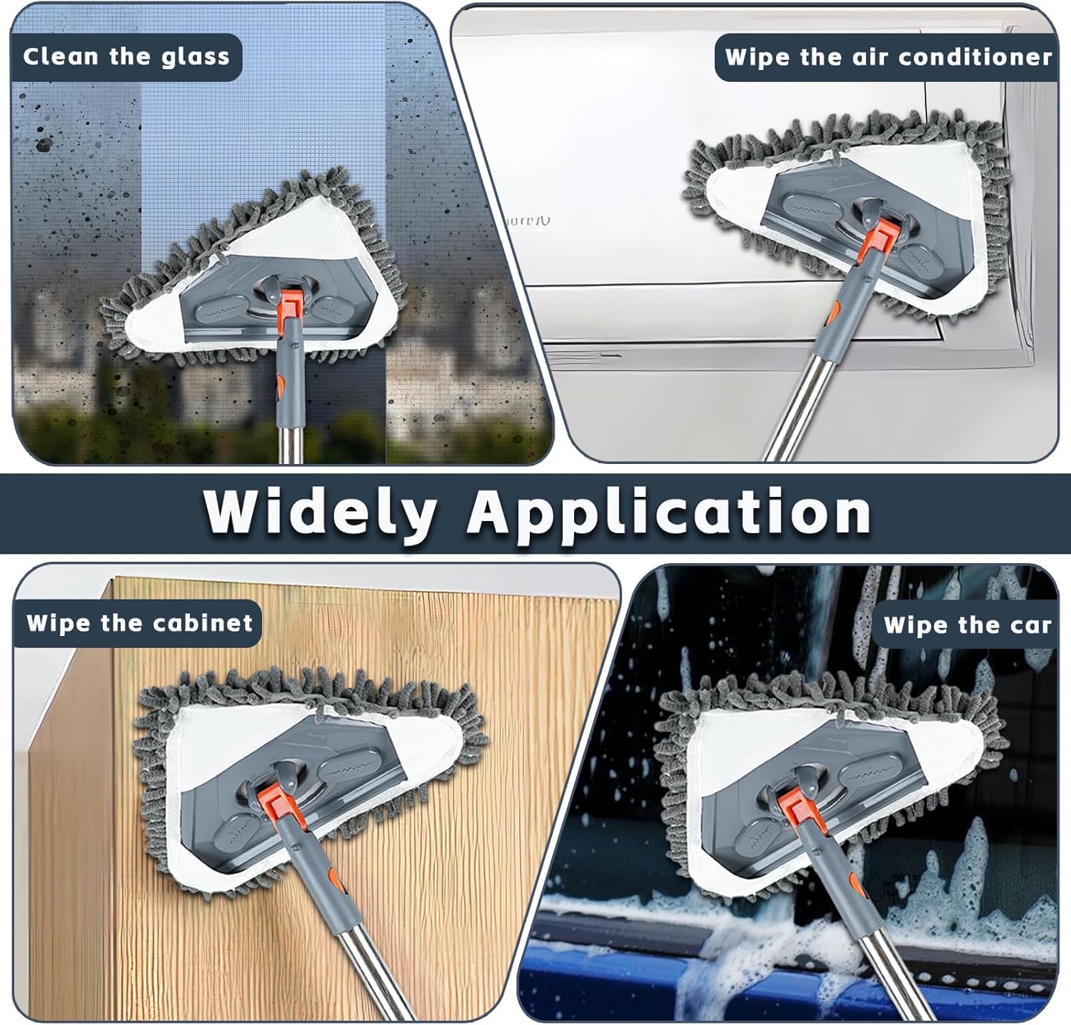 Wall cleaner adjustable-length wall mop with a 360° rotating head; floor and wall cleaning tool suitable for walls, ceiling fans, floors, baseboards, dust, kitchens, and general purposes; includes 6 replacement pads and 1 silicone squeegee.