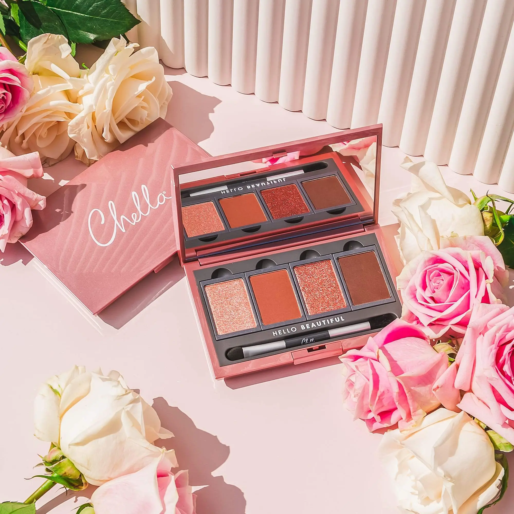 Chella VelaBeauty Blushing Rose Eyeshadow Palette - Cosmetic with Glitter & Matte Finish, Rose Flower Extract, Refillable Design, Nourishing Creamy Buildable Blend, Radiant Evening Makeup, Vegan Cruelty-Free, Coconut-Infused, China Origin