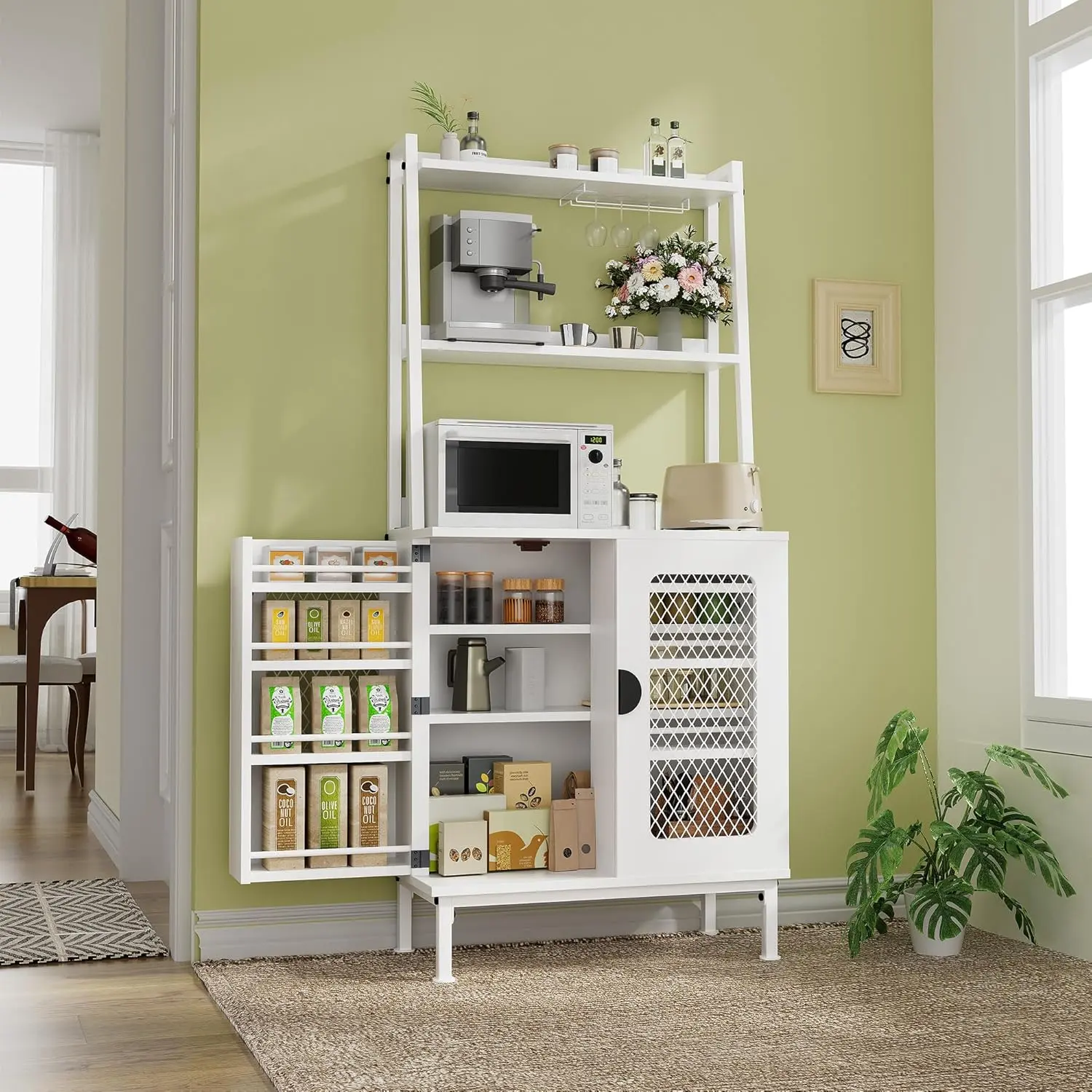 58” Freestanding Flat Panel Door Kitchen Floor Cabinet, Pantry with Microwave Shelves & Adjustable Shelves, White Buffet Sideboard for Kitchen, Dining Room