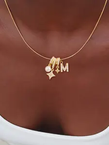 Women's Zirconia Initial Star Simulated Pearl Pendant Necklace, Stainless Steel Snake Chain Jewelry, Exquisite Jewelry Gift for All Seasons