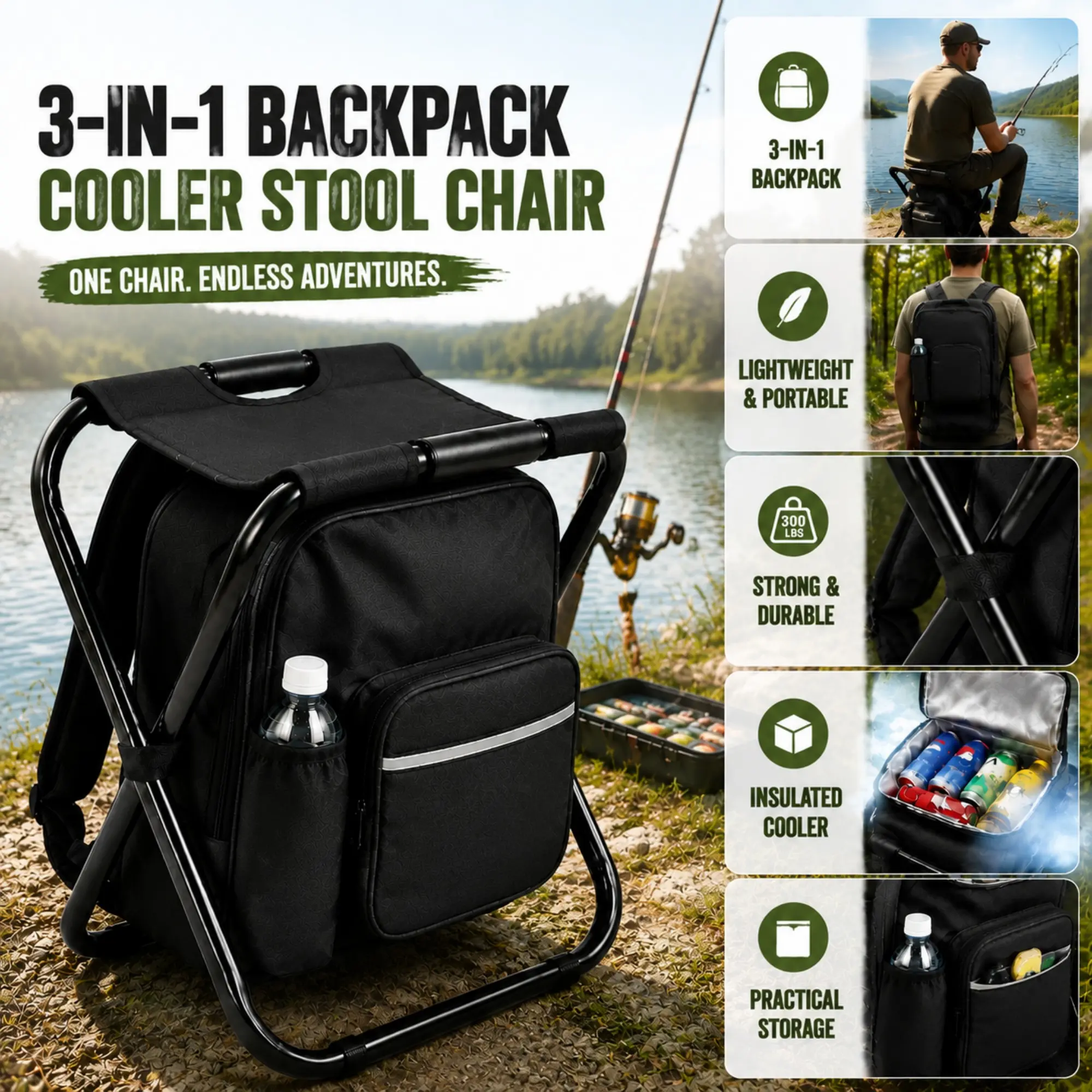 Wstrnix Oxford 3-in-1 Foldable Backpack Stool with Cooling Cooler Bag, 3.52lbs Lightweight Camping Furniture, Portable Picnic Seat for Camping, Fishing, Folding Camping Stool