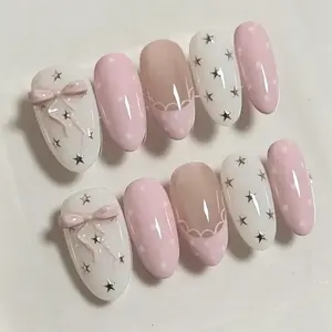 Handmade Quality Press on Nails Set, Medium-Long Almond Shape Fake Nails, Polka Dot Pattern Ombre Design, Nail Art Design, Silver Color Stars & Bows, All Seasons Nail Supplies