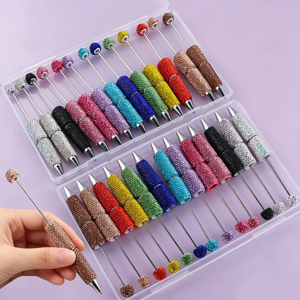 13pcs/Box Glitter Beadable Pen Full Rhinestone Plastic Bead Ballpoint Pen Cute Shiny DIY Beaded Pens Random Mixing Multicolor Fun Bling Retractable Beaded Writing Pen For DIY Craft Office Supplies Ball Pen Set Gifts