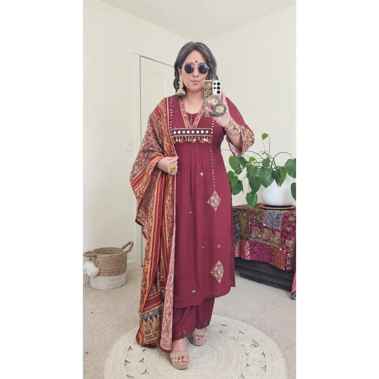 Women's Printed Cotton Kurta Set | 3-Piece A-Line Fit Suit with Matching Pant and Dupatta, Breathable Fabric for Everyday Wear, Soft, Traditional, Pants, Leela, 45"-46" Kurta Length, Lady, Long, A-Line Silhouette, Casual