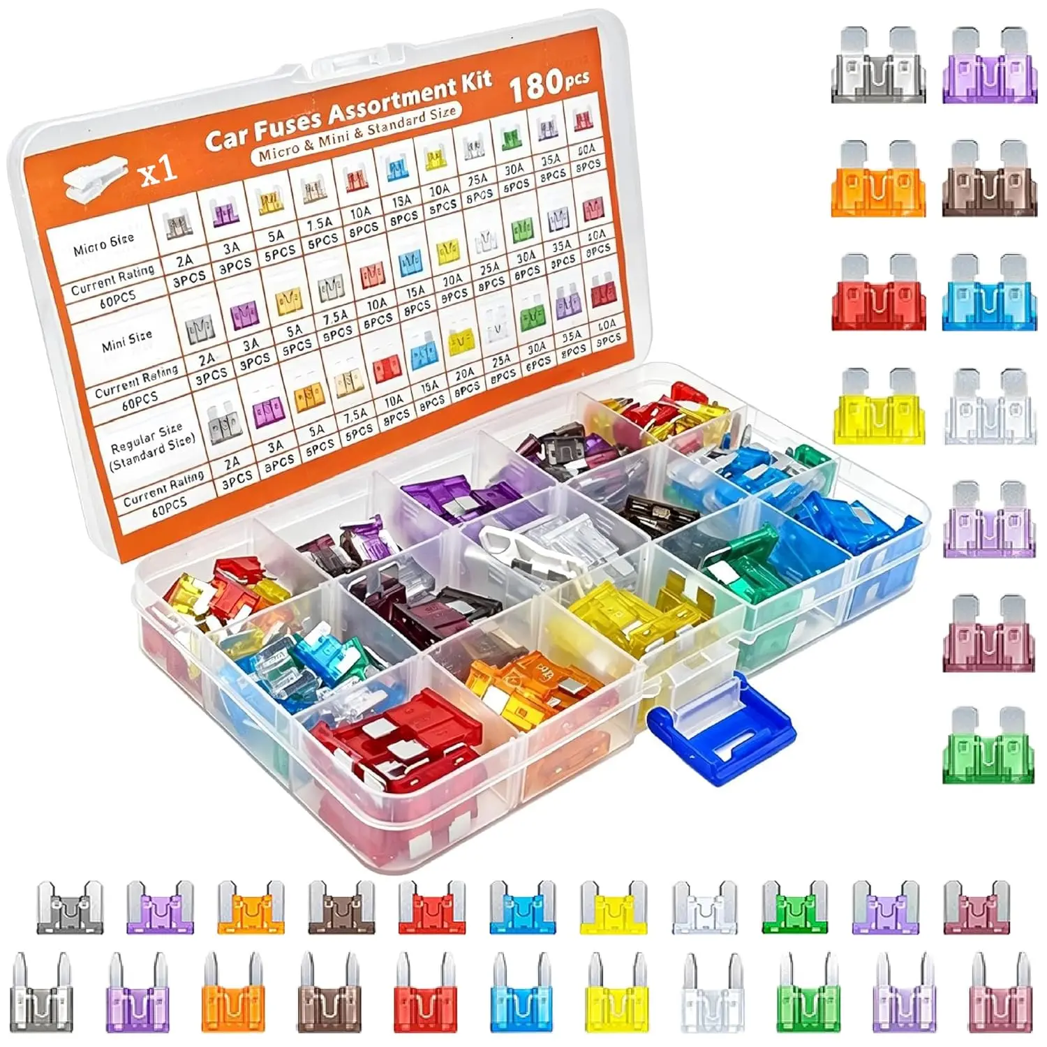 180 Pieces Car Blade Fuse Assortment Kit, Mixed Micro Mini Standard Size Automotive Fuses 2A-40A with Fuse Puller Tool for Car Truck RV Vehicle Electrical Circuit Protection