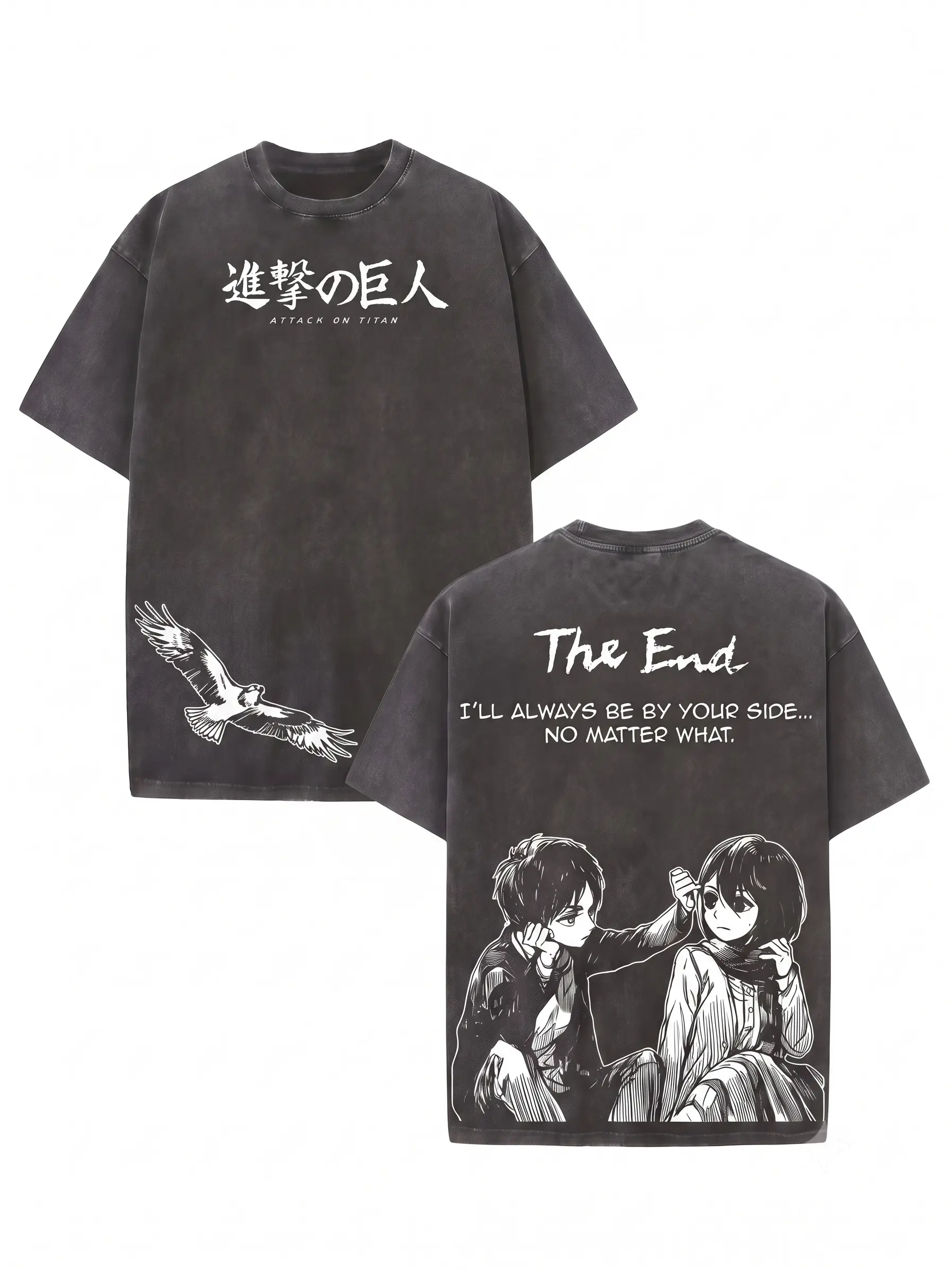 Men's Graphic T-Shirt with Eren & Mikasa Print, Retro Acid Wash Heavy Cotton, Oversized 90s Crew Neck Streetwear, Casual, Loose-Fitting, Shortsleeve, Tops, Round Neck, Vintage T Shirts, Foldable, Relaxed Fit, Badge, Soft, Tee