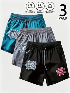 3-Pack Men's North Carolina Tar Heels Print Ice Silk Quick-Dry Sport Shorts, Loose Drawstring Zip Pockets, Breathable Sports Shorts, Breathable Lightweight, All Seasons