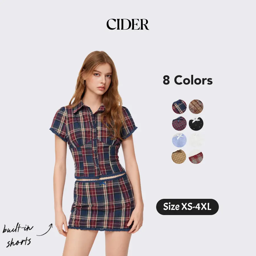 Cider Preppy Plaid 2 Piece Skirt Set - Cotton Short Sleeve Blouse & Lace Trim Bowknot Mini Skirt with Built-in Shorts, Coquette Aesthetic Casual School Outfit for Summer Spring, Regular Fit, 2 Piece Sets, Women 2 Piece Sets