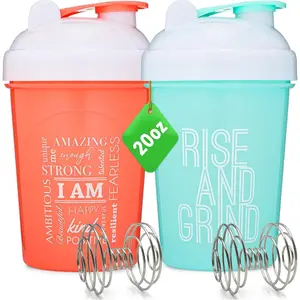 [2 Pack] 20-Ounce Shaker Bottle with Motivational Quotes (Coral & Mint) | Protein Shaker Bottle with Mixer Agitators | Blender Shaker Bottle for Protein Mixes Pack is BPA Free and Dishwasher Safe