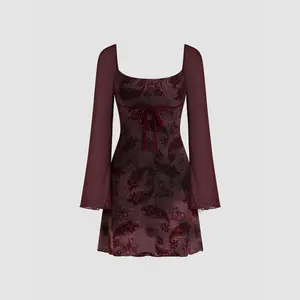 Cider Square Neck Floral Paisley Knotted Long Sleeve Mini Dress