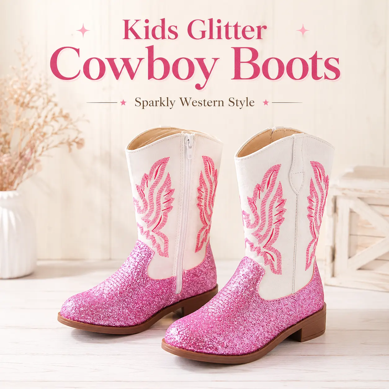Kids Glitter Cowboy Boots, Toddler Girls Boys Western Mid-Calf Boots with Side Zipper, Sparkly Embroidered Cowgirl Riding Boots, Fashion Party Holiday Dress Up Shoes in Pink Black White