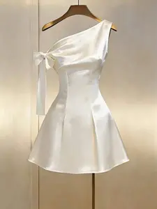 AREUM Women's Ruffle Asymmetrical Shoulder A-Line Mini Dress, Waist Cinched, Sexy French Fashion