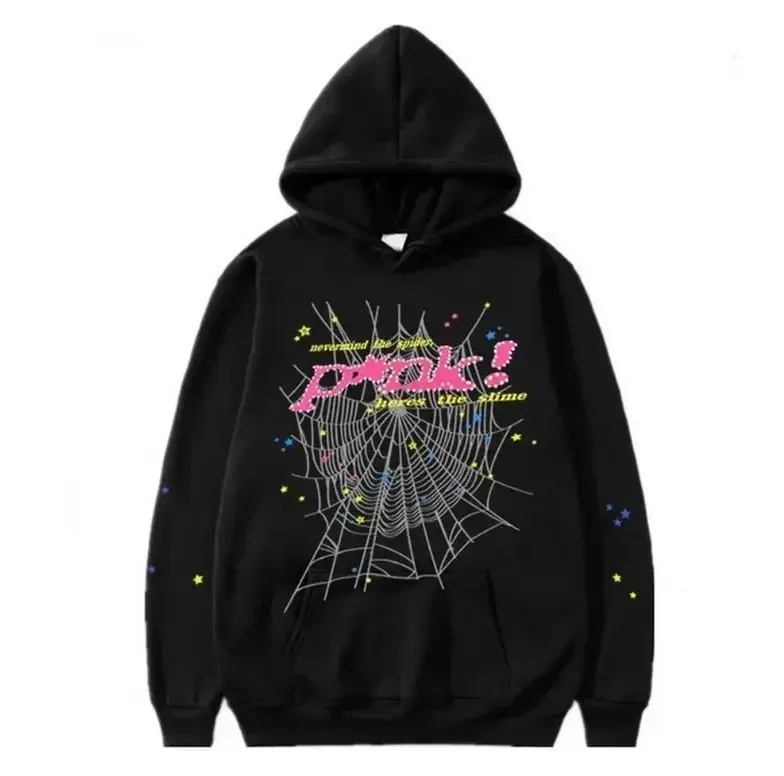 Unisex Y2K Spider Web Rhinestone Letter Hoodie, Men Women Vintage Gothic Streetwear Oversize Pullover Sweatshirt, Pink Star Graphic Casual Hoodie Top Fashion Menswear