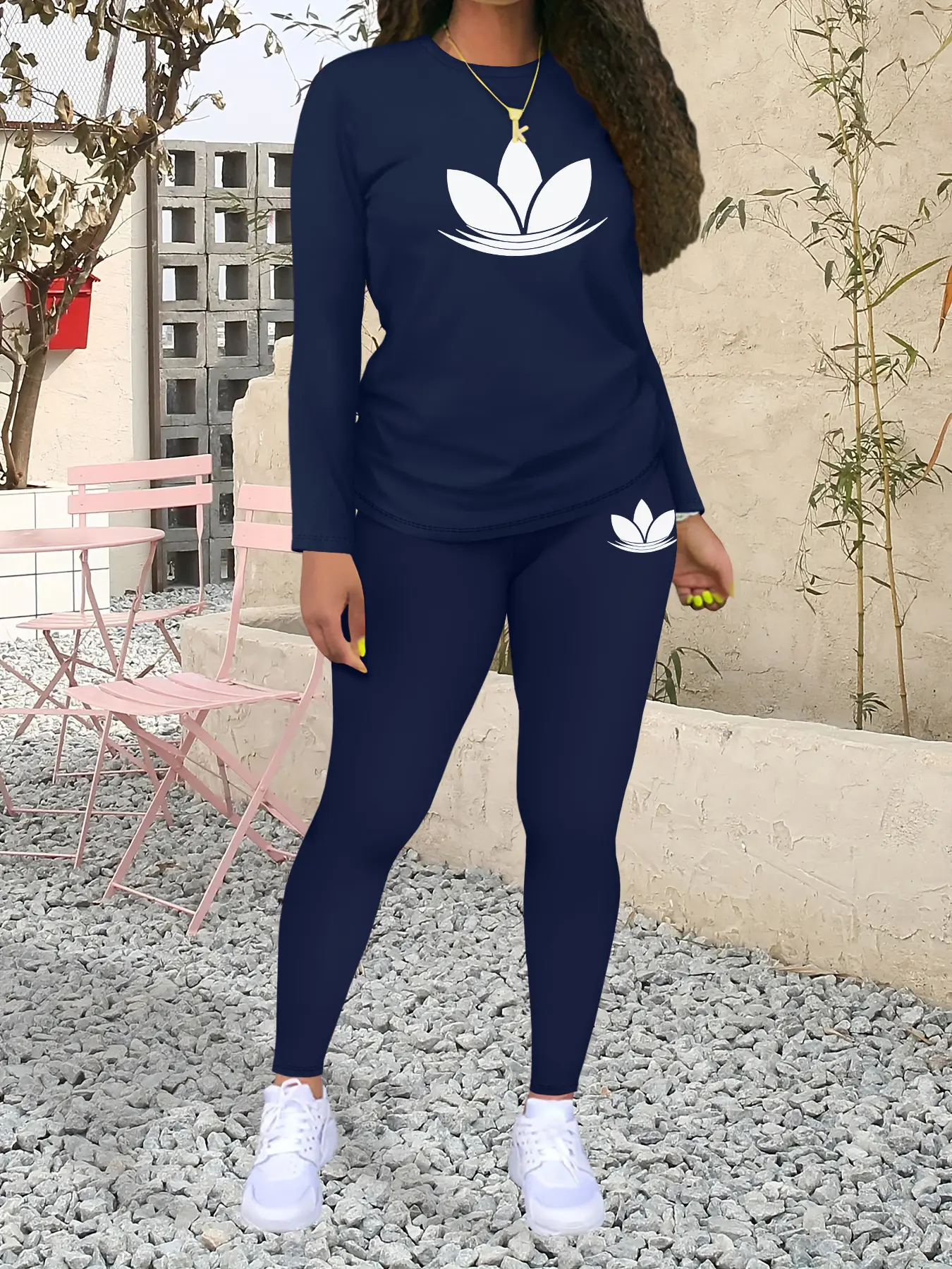 Clover Pattern Print Casual Athleisure Sportswear Set, Fashionable Long Sleeve Top + Tight Pants, Women's Regular Fit Two-Piece