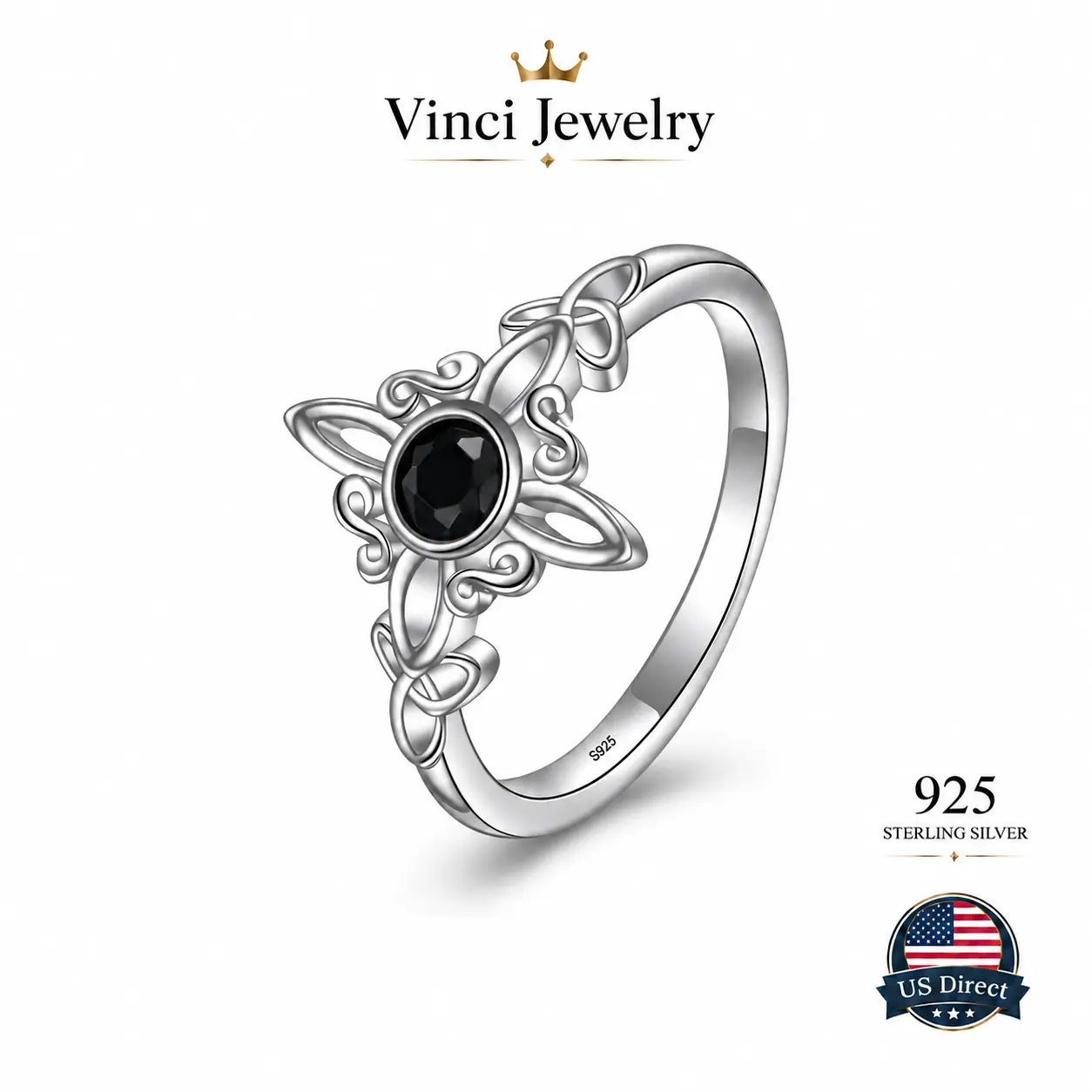 925 Sterling Silver Witch Knot Ring Celtic Trinity Knot Ring for Women, Witches Pagan Wicca Moon Irish Celtic Jewelry, Nudo de Bruja Plata 925 Original, Hecate Goddess of the Moon, Black CZ Dark Fantasy, Protection and Mysticism Amulet Gift for Mother