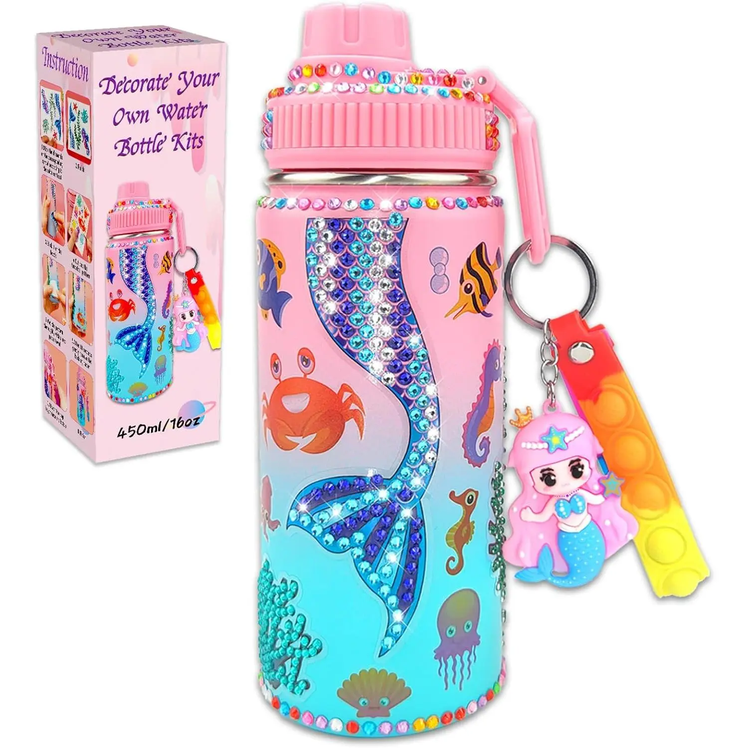Mermaid-Themed Decorate Your Own Water Bottle Kit for Little Girls - 16oz 304 Stainless Steel, Secure Lid, Colorful Eco-Friendly Painting Craft, Fine Motor Skills Boosting Christmas Gift, Fidget Key Chain Inclusion