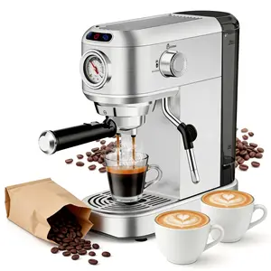 20 Bar Espresso Machine with Milk Frother Steam Wand, 1450W Semi-Automatic Coffee Maker for Latte & Cappuccino, 34oz Removable Water Tank, Compact Stainless Steel Espresso Maker for Home, Silver