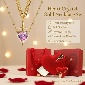 Valentine's Day Gift Set Heart Crystal Layered Gold Necklace with Heart Jewelry Box & Red Gift Bag Elegant Romantic Present for Special Moments