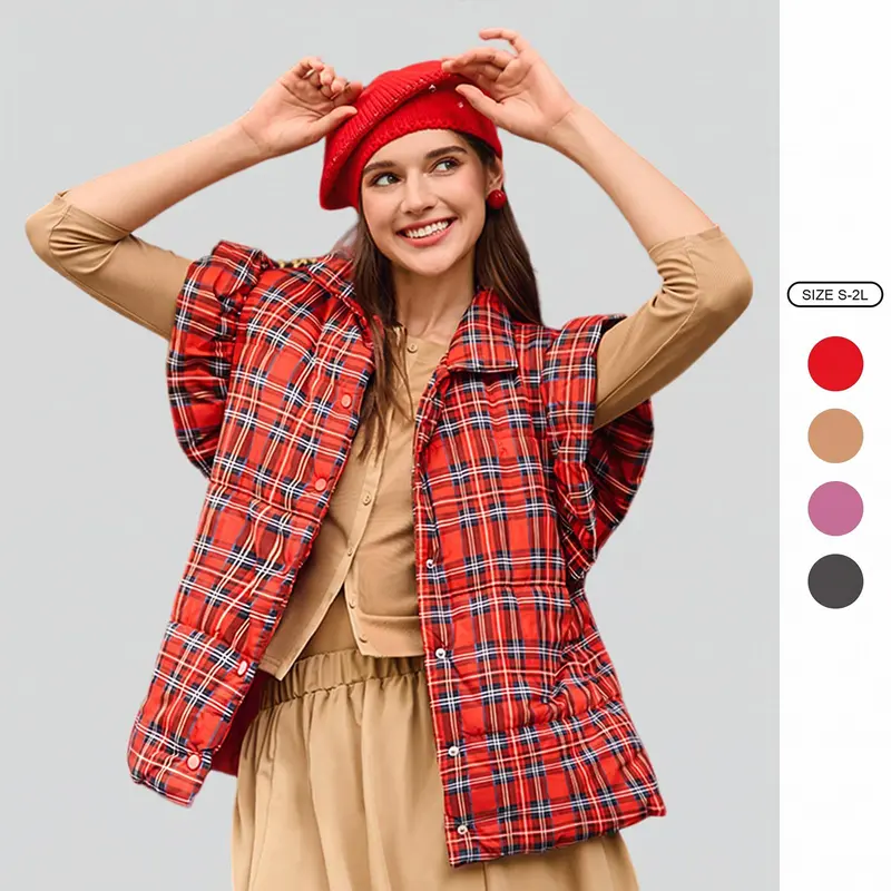 Imily Bela Women's Plaid Puffer Vest - Ruffled Sleeveless, Lightweight Quilted, Fall Winter Padded Gilet for Outdoor Use, Pairable with Leggings, Skirts, Suits, Premium Fabric