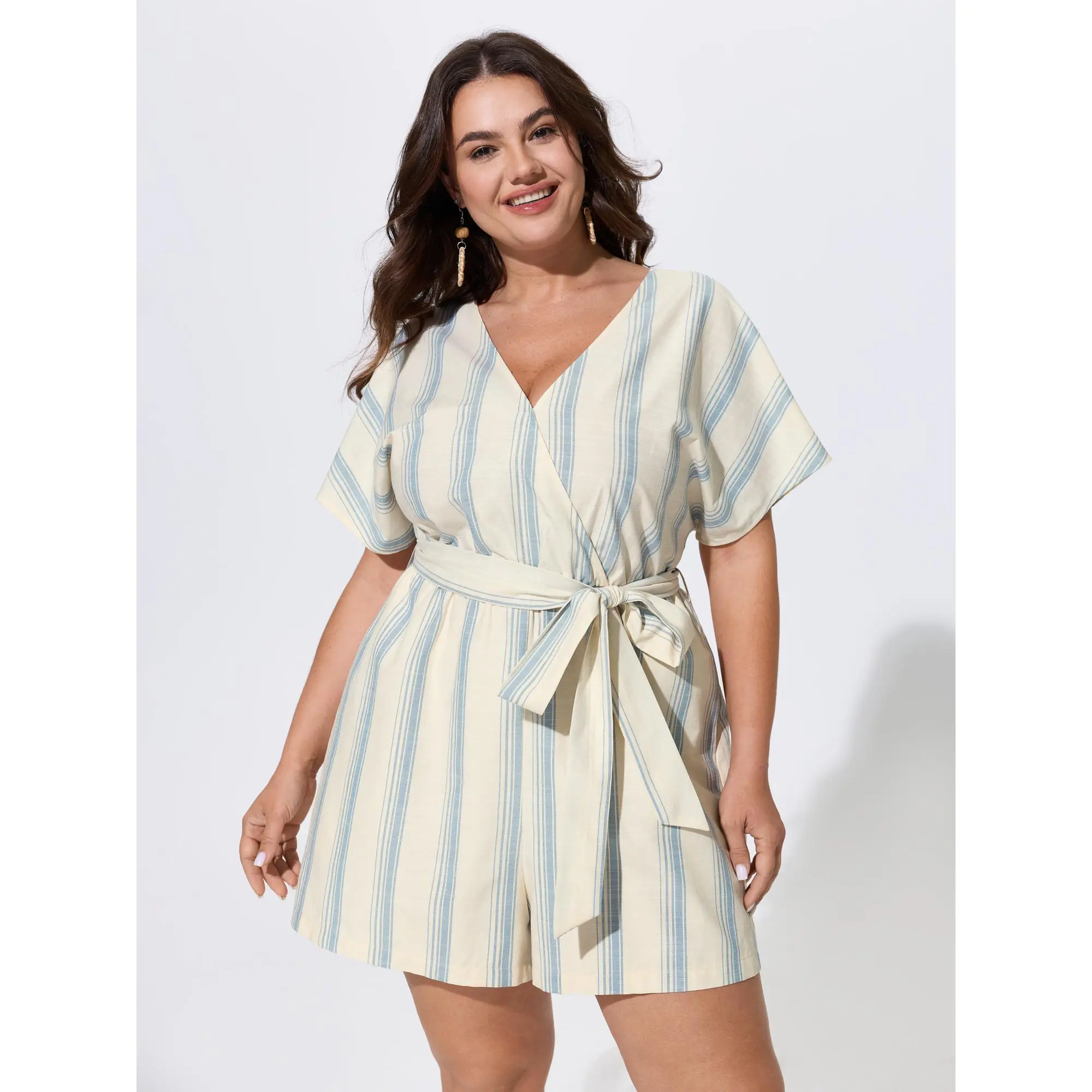 BloomChic Plus Size Striped Resort Wrap Romper with Pockets and a Tie-Waist, Cotton Polyester Blend, Overalls, Garment, Smooth, Fit, Casual, Fabric, Stripes