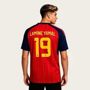 2026 Home Red Blue Short Sleeve No. 19 Lamine Yamal Soccer Jersey