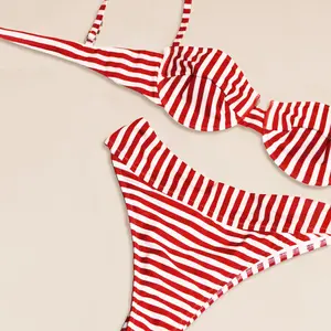 2026 new high-waisted striped women’s two-piece swimsuit set, stylish sexy camisole bikini set with bust support, casual vacation beach swimwear and hot spring wear