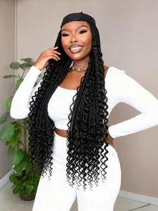 30 Inch Headband Braided Wig with Curly Ends, Adjustable Velcro, Premium Synthetic Hair, Effortless Daily Fashion, Women's Hairstyles