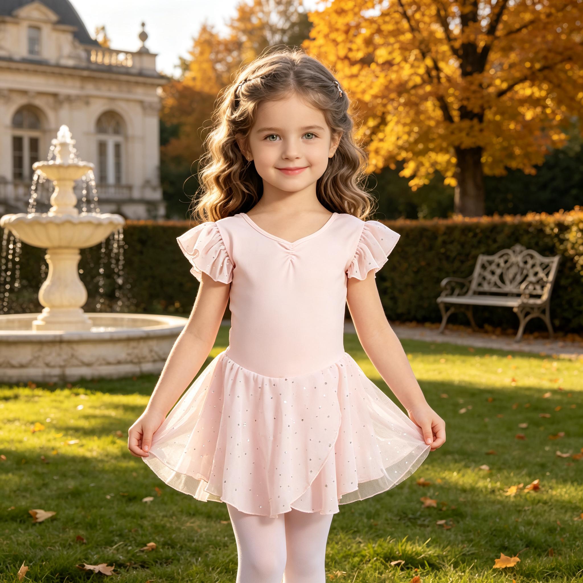 Girls Dance Leotard Dress, Flutter Ruffle Short Sleeve Sparkly Tulle Skirt, Soft Stretchy Fabric Ballet Dance Wear For Ballet Class, Recital Show, Party Costume, Daily Casual Outfit