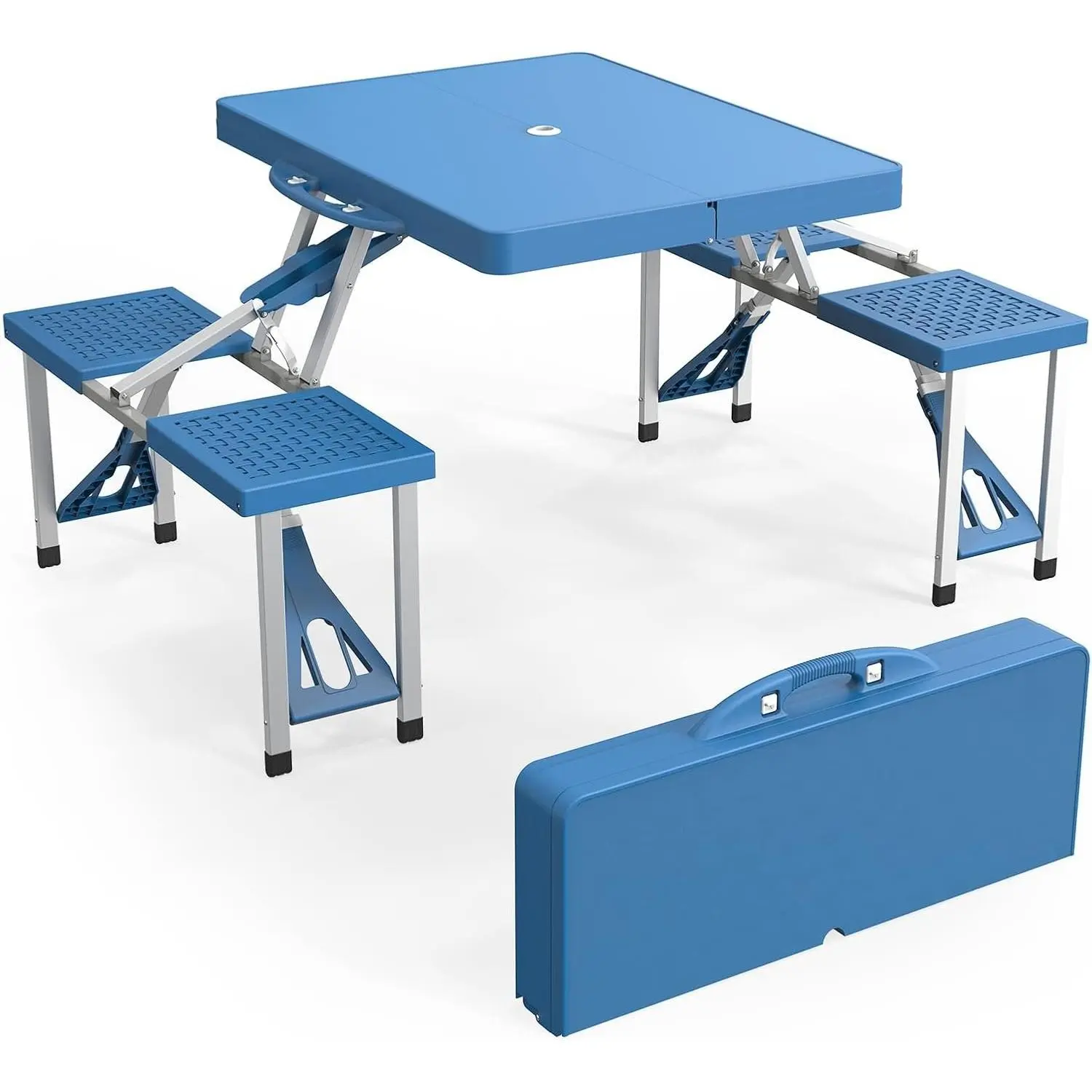 【Summervibes】Ubesgoo 4Ft Portable Folding Picnic Table Camping Table Foldable Set with 4 Seats with Umbrella Hole Suitcase Card Table-220 Lbs Support Aluminum Frame, Plastic RV Tabletop for Yard, Travel