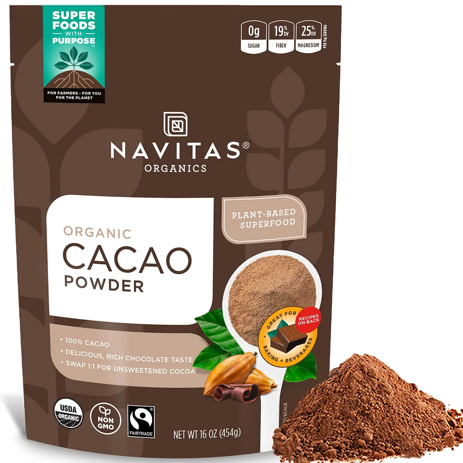 Navitas Organics Unsweetened Organic Cacao Powder - Rich Cocoa Flavor, 16 oz, 30 Generous Servings, Natural Ingredients, No Added Sugar, for Chocolate & Malted Drinks