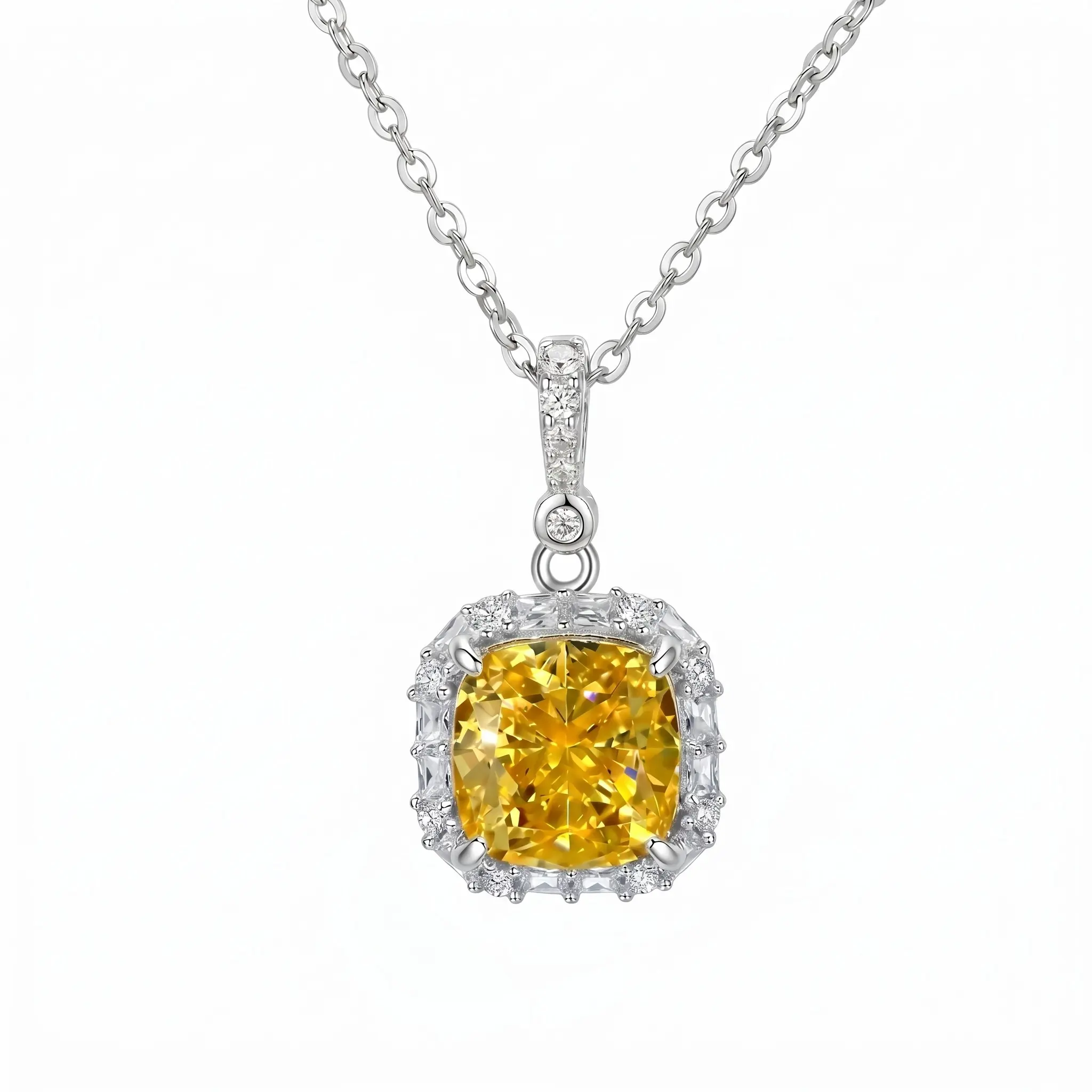 S925 Sterling Silver Cushion Cut Canary Yellow Zirconia Halo Pendant Necklace for Women, Sparkling Radiant Citrine Simulant Choker, Platinum Plated Hypoallergenic Luxury Fine Jewelry Gift for Her