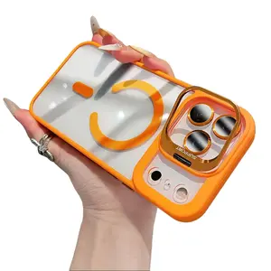 Magnetic Mag Safe, Metal Lens Kickstand & Camera Lens Protector Case for iPhone 17 Pro Max 17 Air 16 15 14 13 12 Pro Max, Clear Acrylic Transparent Cover